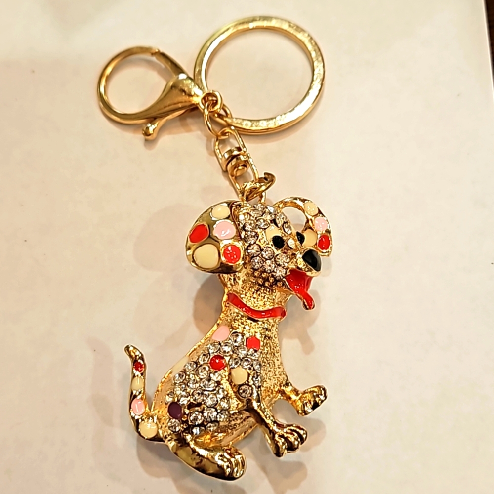 ROSEGOLD RED PINK YELLOW BLING DOG WITH RED TONQUE PUPPY KEYCHAIN